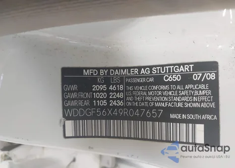 2009 Mercedes-Benz C 350 Sport from USA, damaged, VIN WDDGF56X49R047657